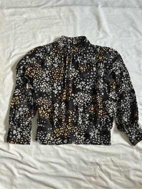 Ann Taylor Petite Black Floral Print Blouse with Yellow Accents